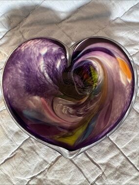 Glass Eye Studio Heart Paperweight Dichroic Art Glass USA Iridescent 4”